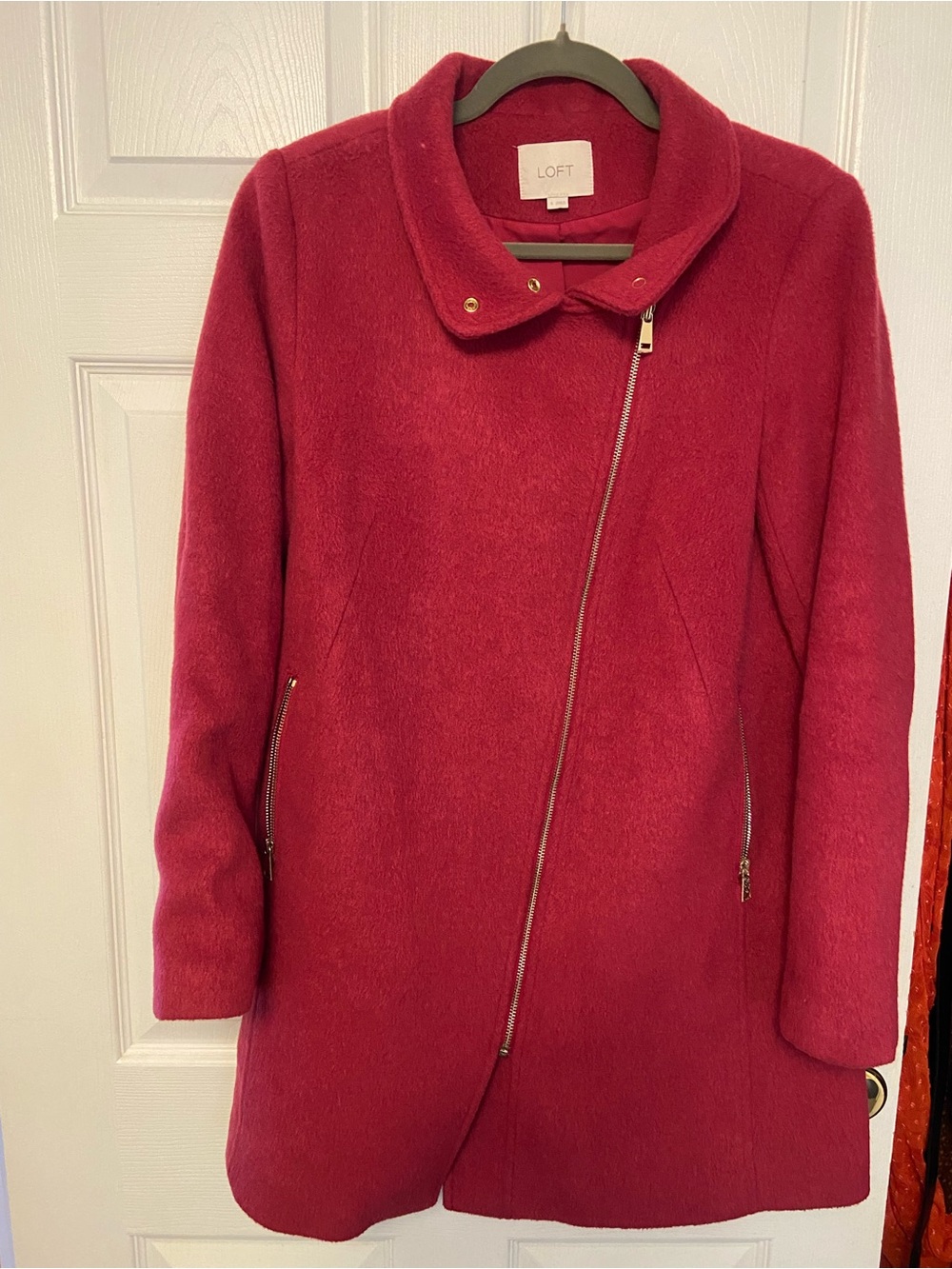 LOFT Women's Burgundy Red Asymmetrical Zip Pea Coat